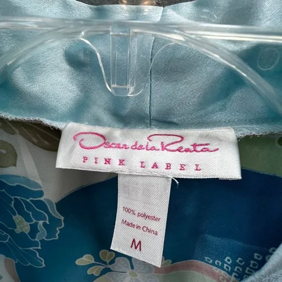 Oscar De La Renta Pink Label Robe Long Satin Blue Pink Floral Belted Pockets