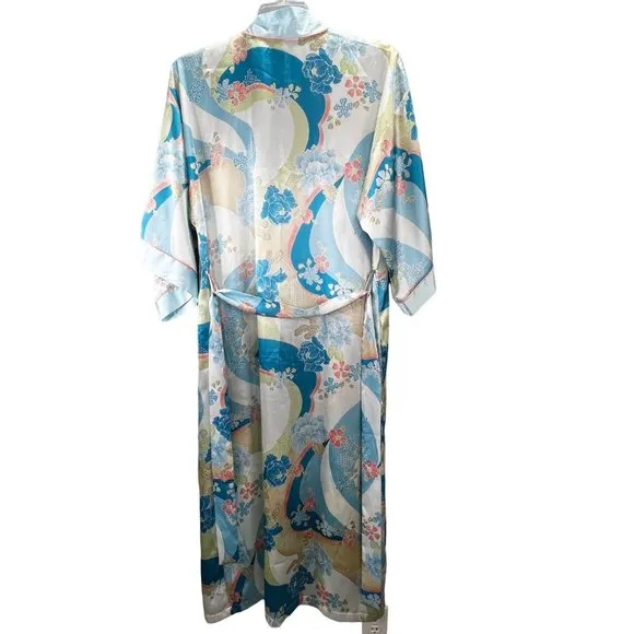 Oscar De La Renta Pink Label Robe Long Satin Blue Pink Floral Belted Pockets