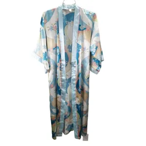 Oscar De La Renta Pink Label Robe Long Satin Blue Pink Floral Belted Pockets