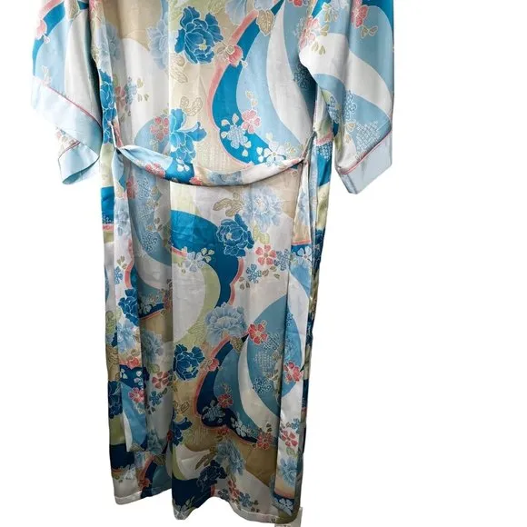 Oscar De La Renta Pink Label Robe Long Satin Blue Pink Floral Belted Pockets