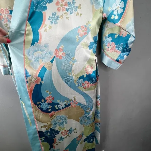 Oscar De La Renta Pink Label Robe Long Satin Blue Pink Floral Belted Pockets