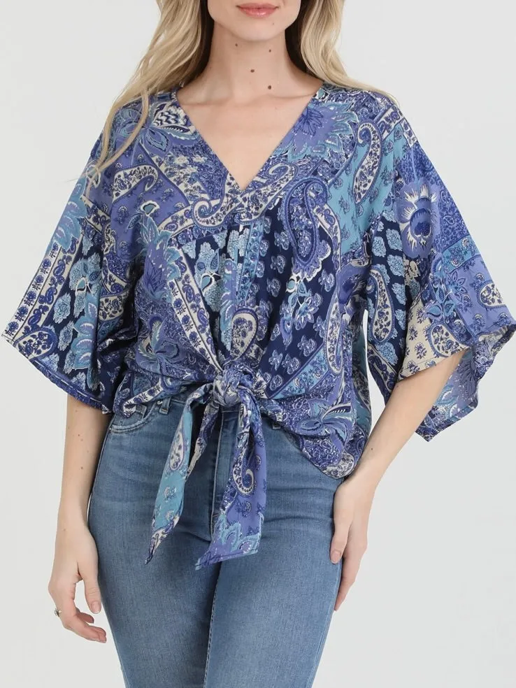 Paisley Print Tie Front Top - Blue