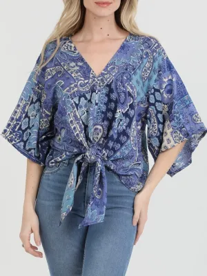Paisley Print Tie Front Top - Blue