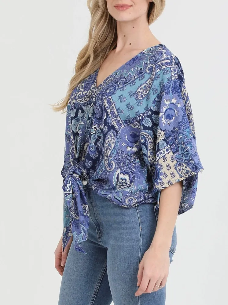 Paisley Print Tie Front Top - Blue