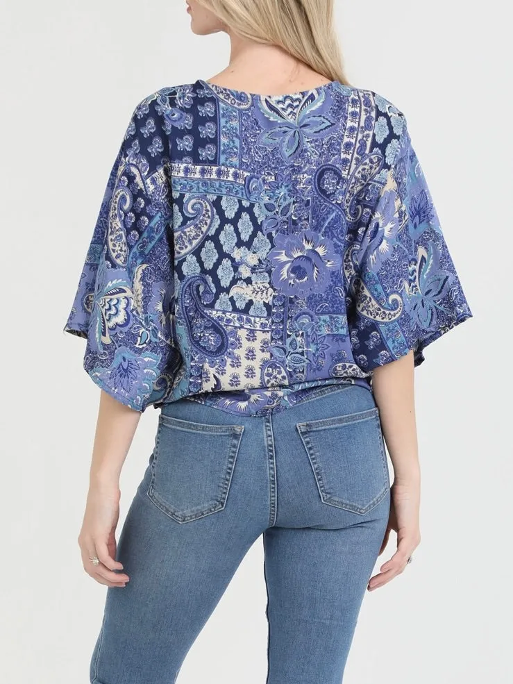 Paisley Print Tie Front Top - Blue
