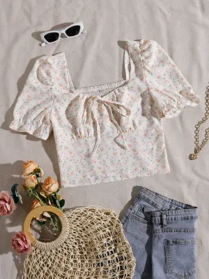Parien Tie Neck Shirred Back Ditsy Floral Top