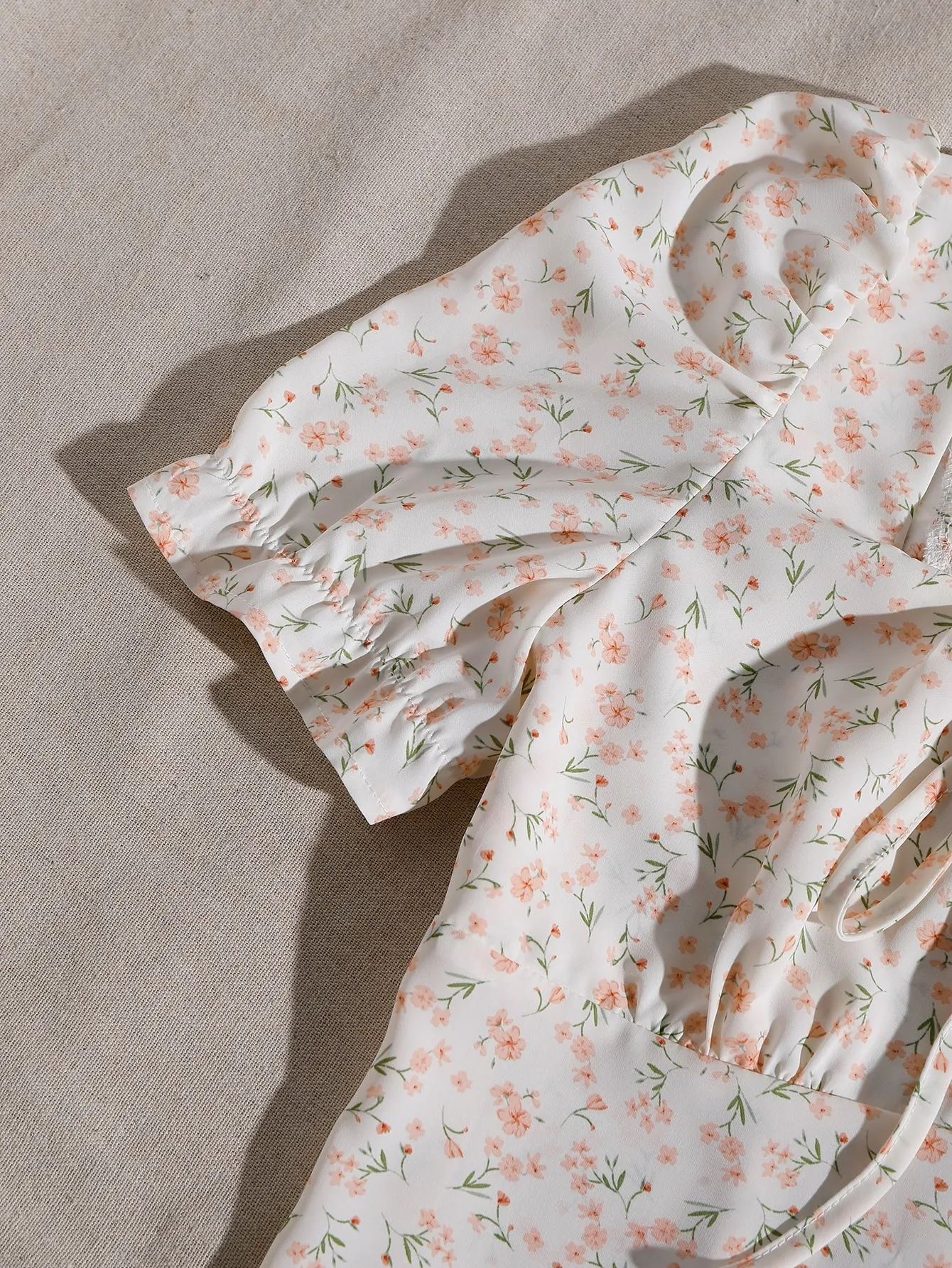 Parien Tie Neck Shirred Back Ditsy Floral Top