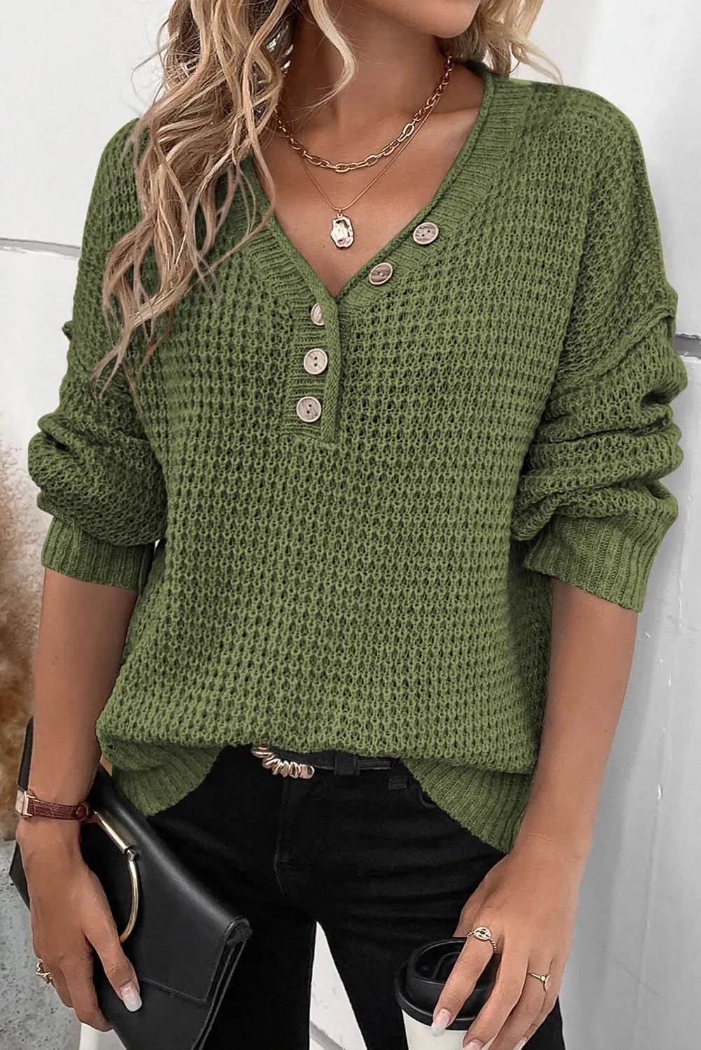Pickle Green Pointelle Knit Button V Neck Drop Shoulder Sweater