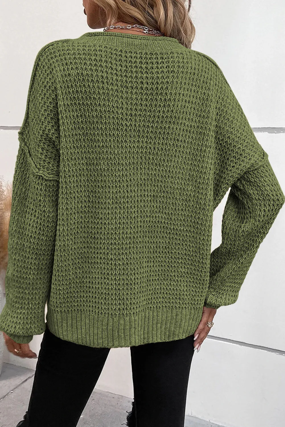 Pickle Green Pointelle Knit Button V Neck Drop Shoulder Sweater