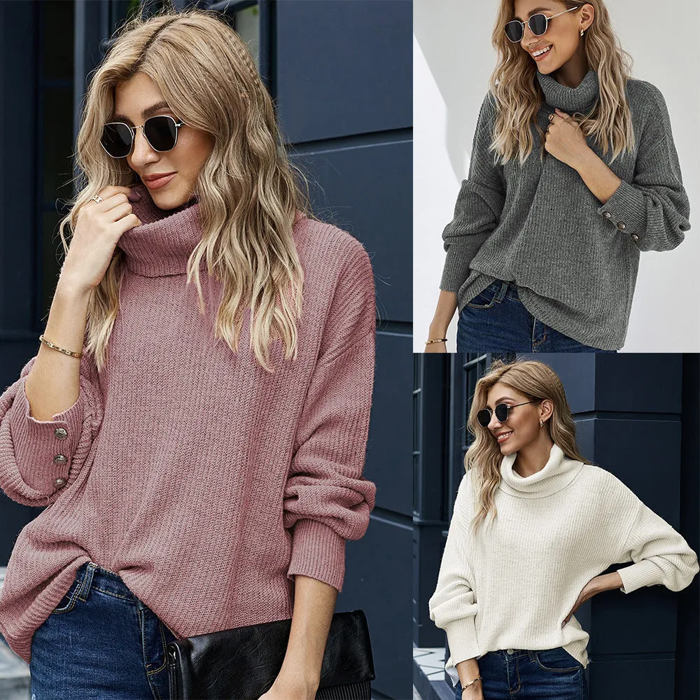 Pile High-collared Knit Lantern Sleeve Sweaters