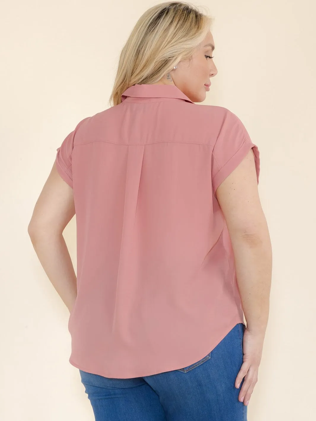 PLUS SIZE SHORT SLEEVE V-NECK BUTTON CLOSURE BLOUSE