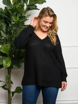 PLUS SIZE V-NECK WAFFLE LONG SLEEVE TOP