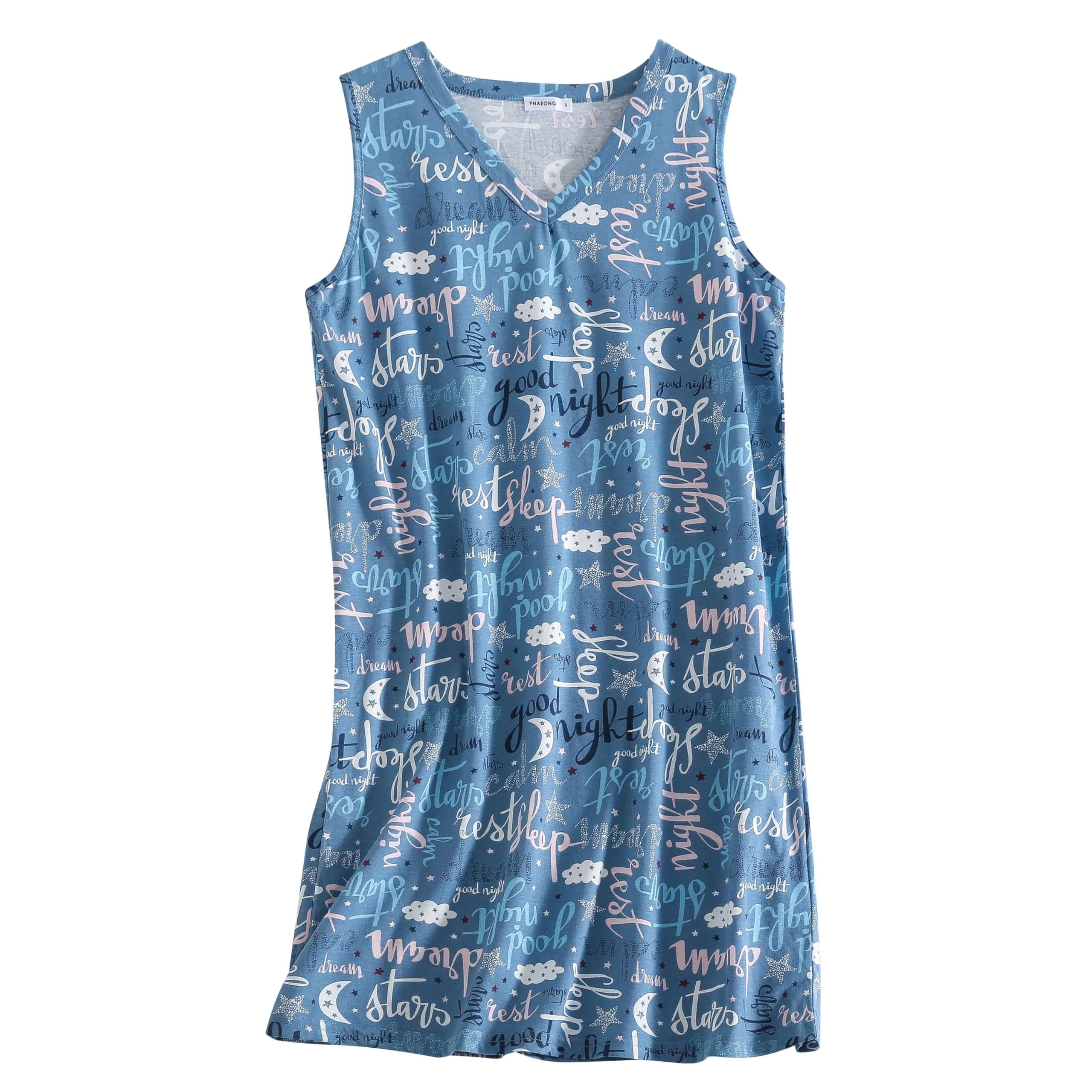 PNAEONG 3 Pack Womens Cotton Nightgown V Neck Nightshirts Sleeveless Sleepwear Casual Print Sleepdress Good Night Star Coffee,M