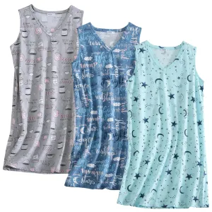 PNAEONG 3 Pack Womens Cotton Nightgown V Neck Nightshirts Sleeveless Sleepwear Casual Print Sleepdress Good Night Star Coffee,M