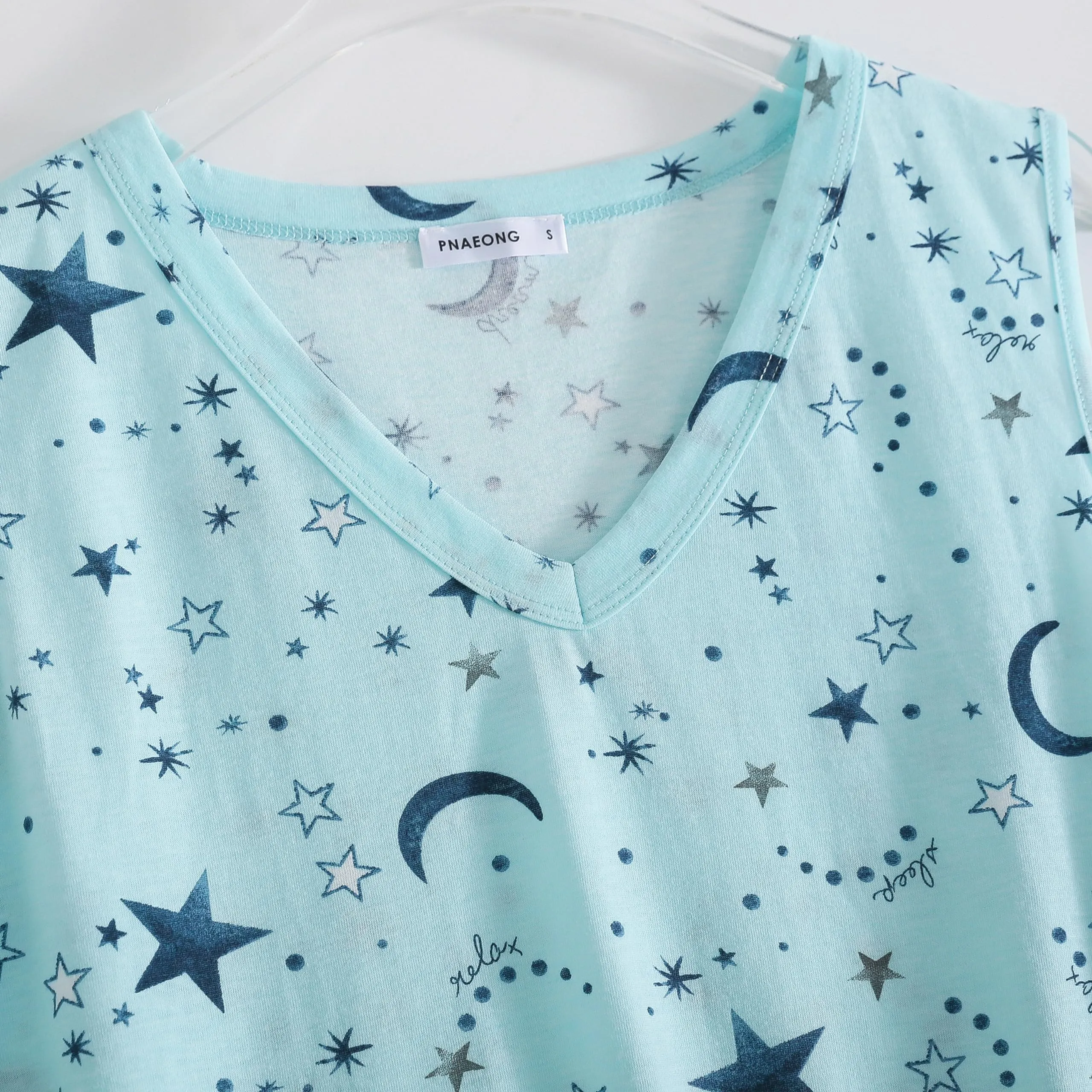 PNAEONG 3 Pack Womens Cotton Nightgown V Neck Nightshirts Sleeveless Sleepwear Casual Print Sleepdress Good Night Star Coffee,M