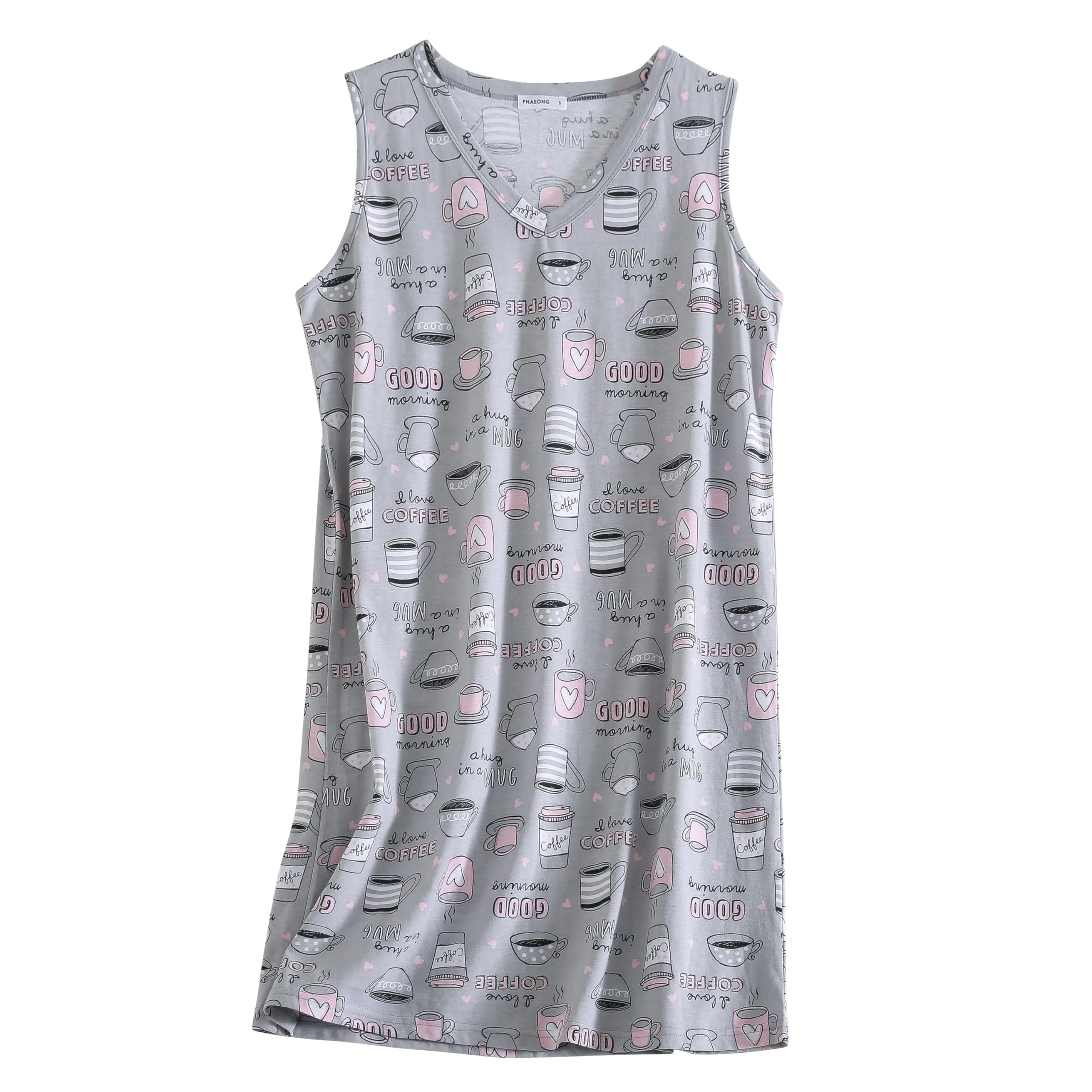PNAEONG 3 Pack Womens Cotton Nightgown V Neck Nightshirts Sleeveless Sleepwear Casual Print Sleepdress Good Night Star Coffee,M