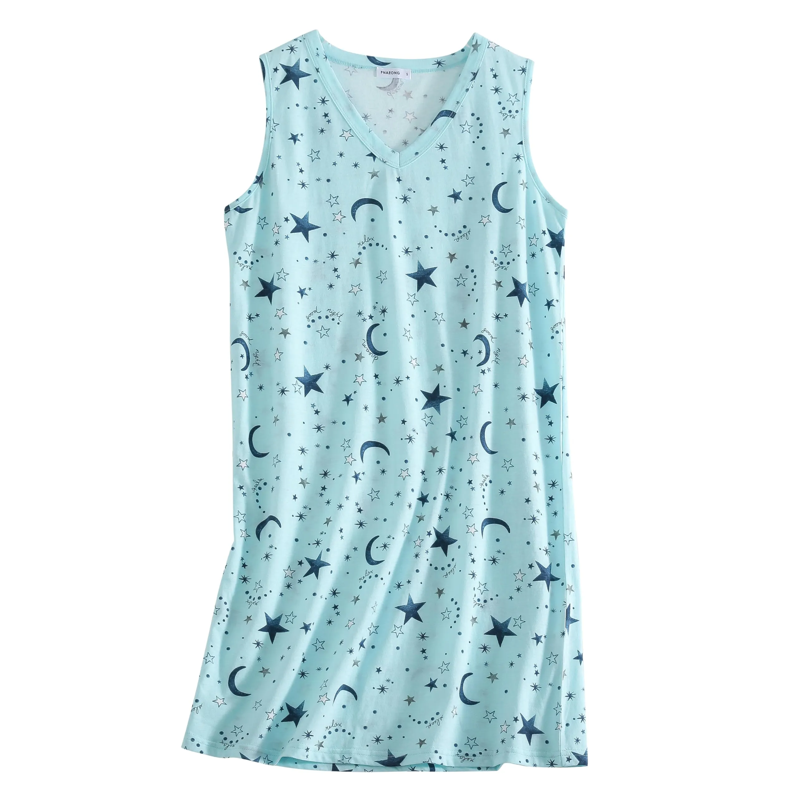 PNAEONG 3 Pack Womens Cotton Nightgown V Neck Nightshirts Sleeveless Sleepwear Casual Print Sleepdress Good Night Star Coffee,M