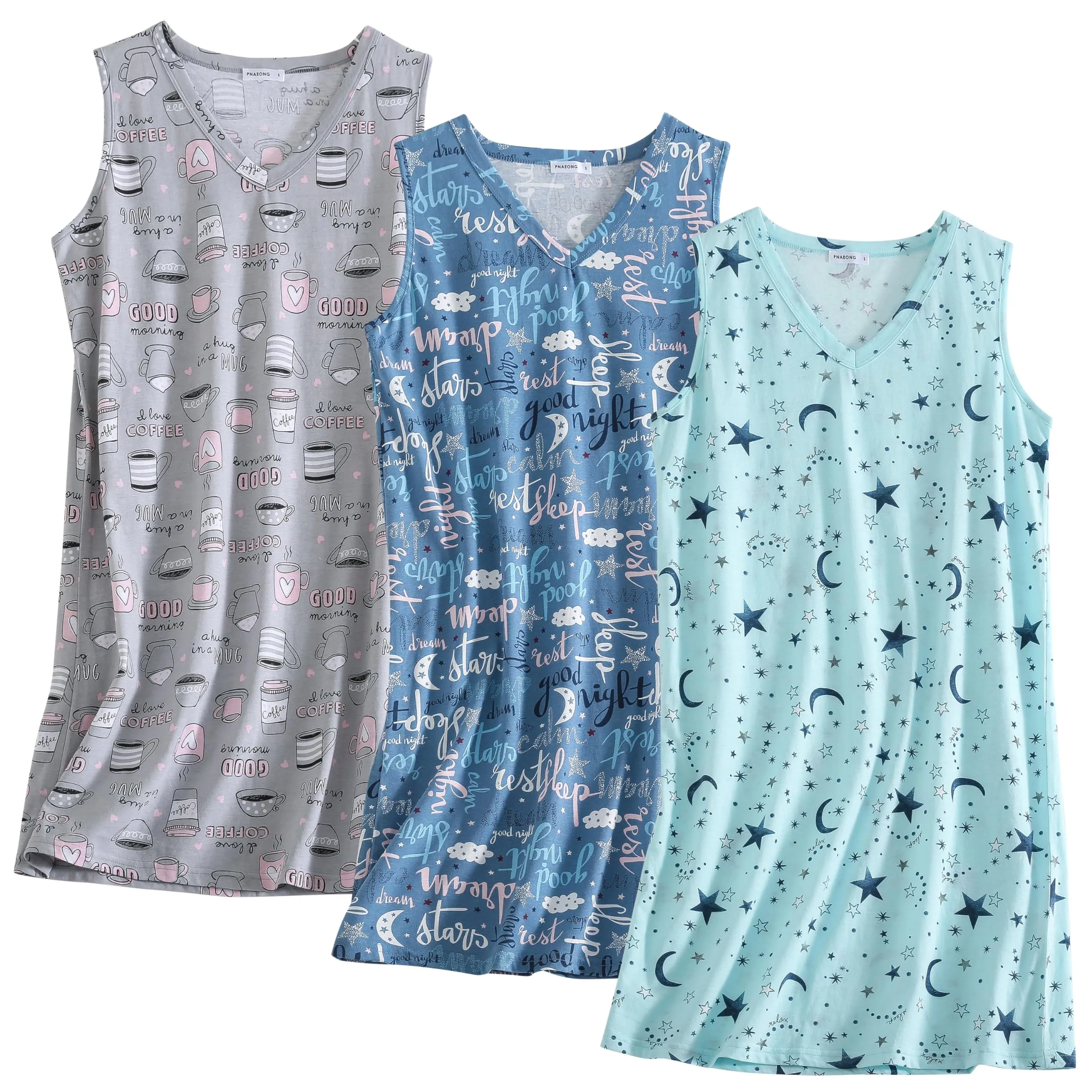 PNAEONG 3 Pack Womens Cotton Nightgown V Neck Nightshirts Sleeveless Sleepwear Casual Print Sleepdress Good Night Star Coffee,M
