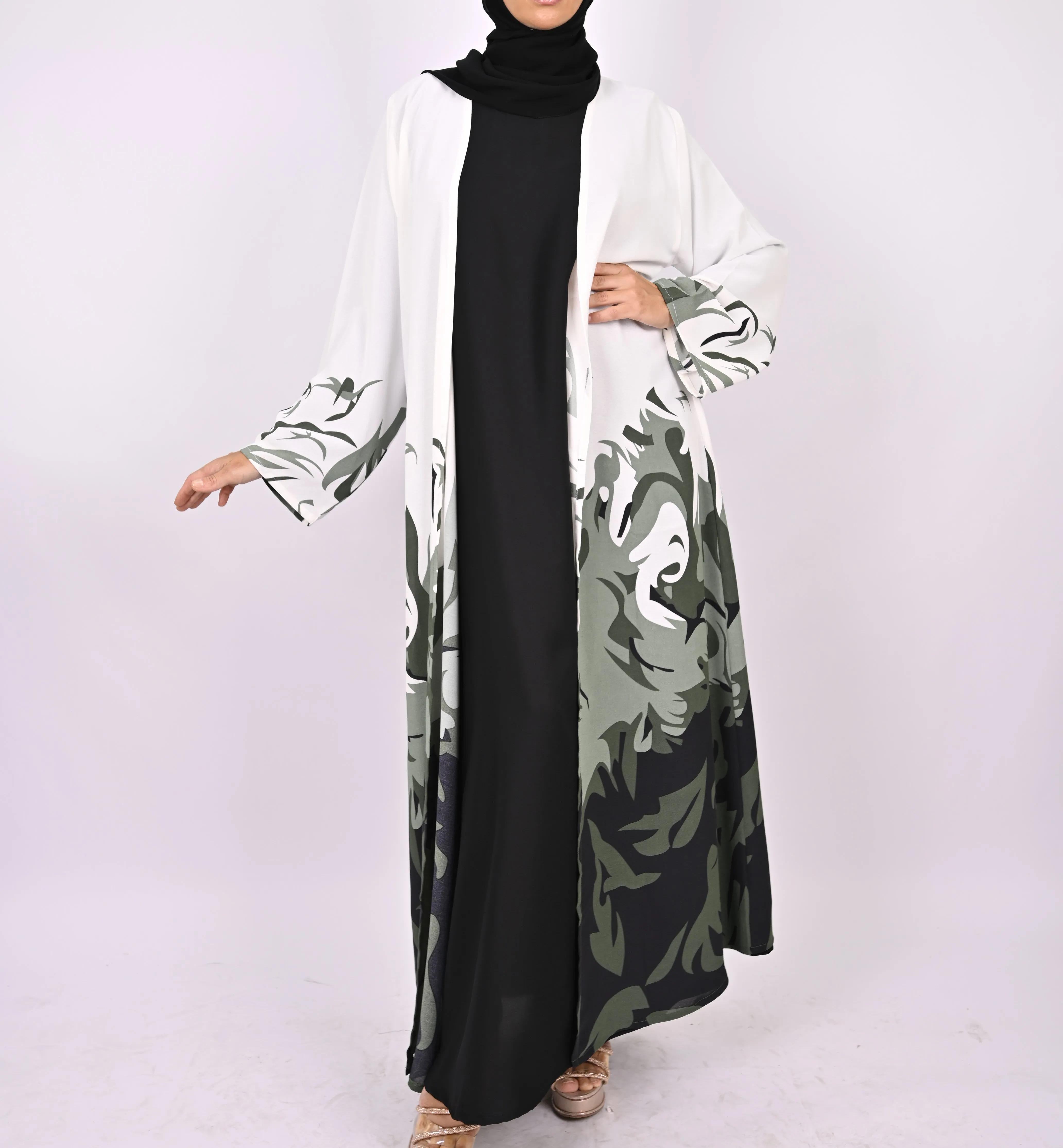 Printed Floral Kimono Abaya Set - Green/White