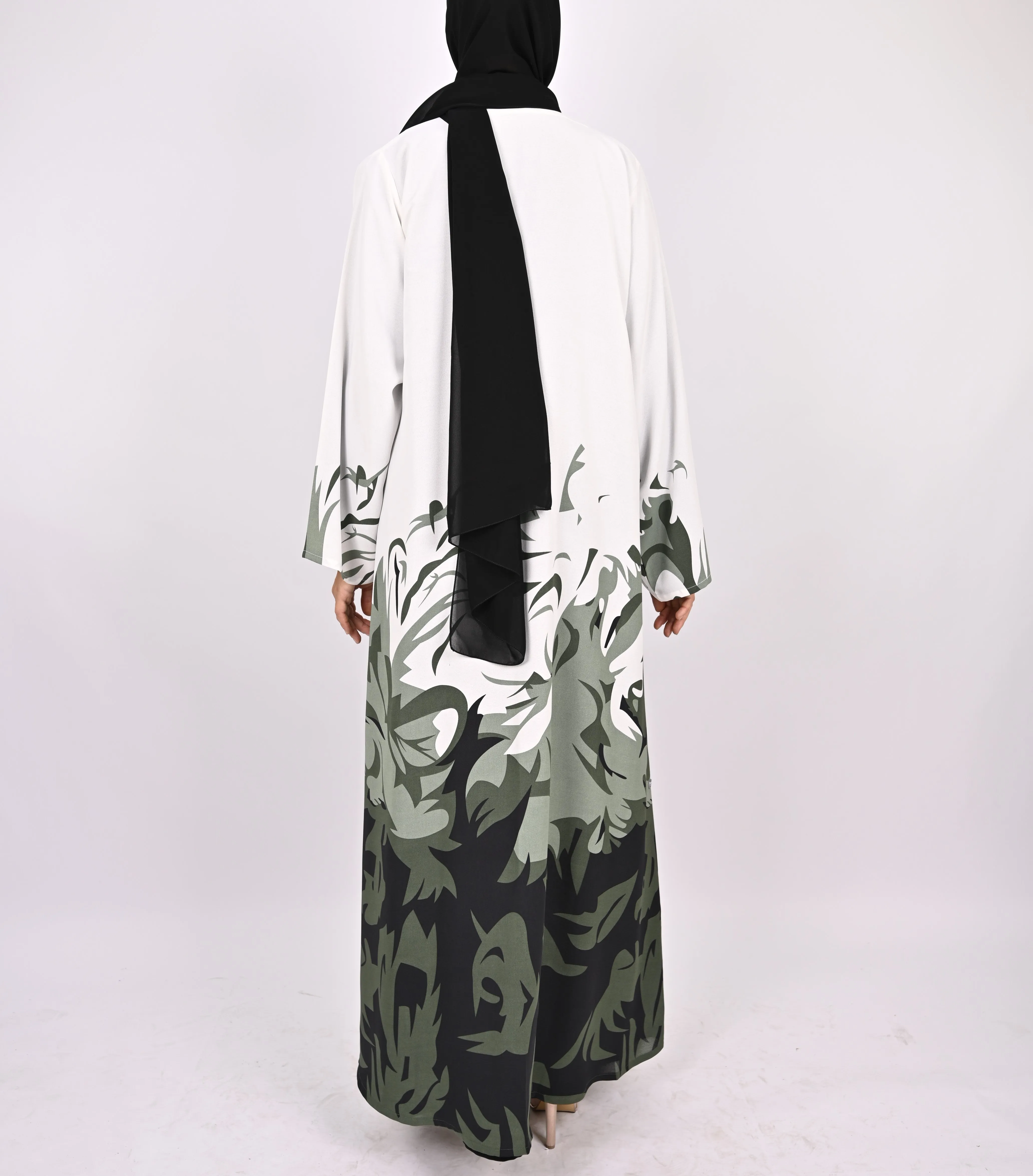 Printed Floral Kimono Abaya Set - Green/White