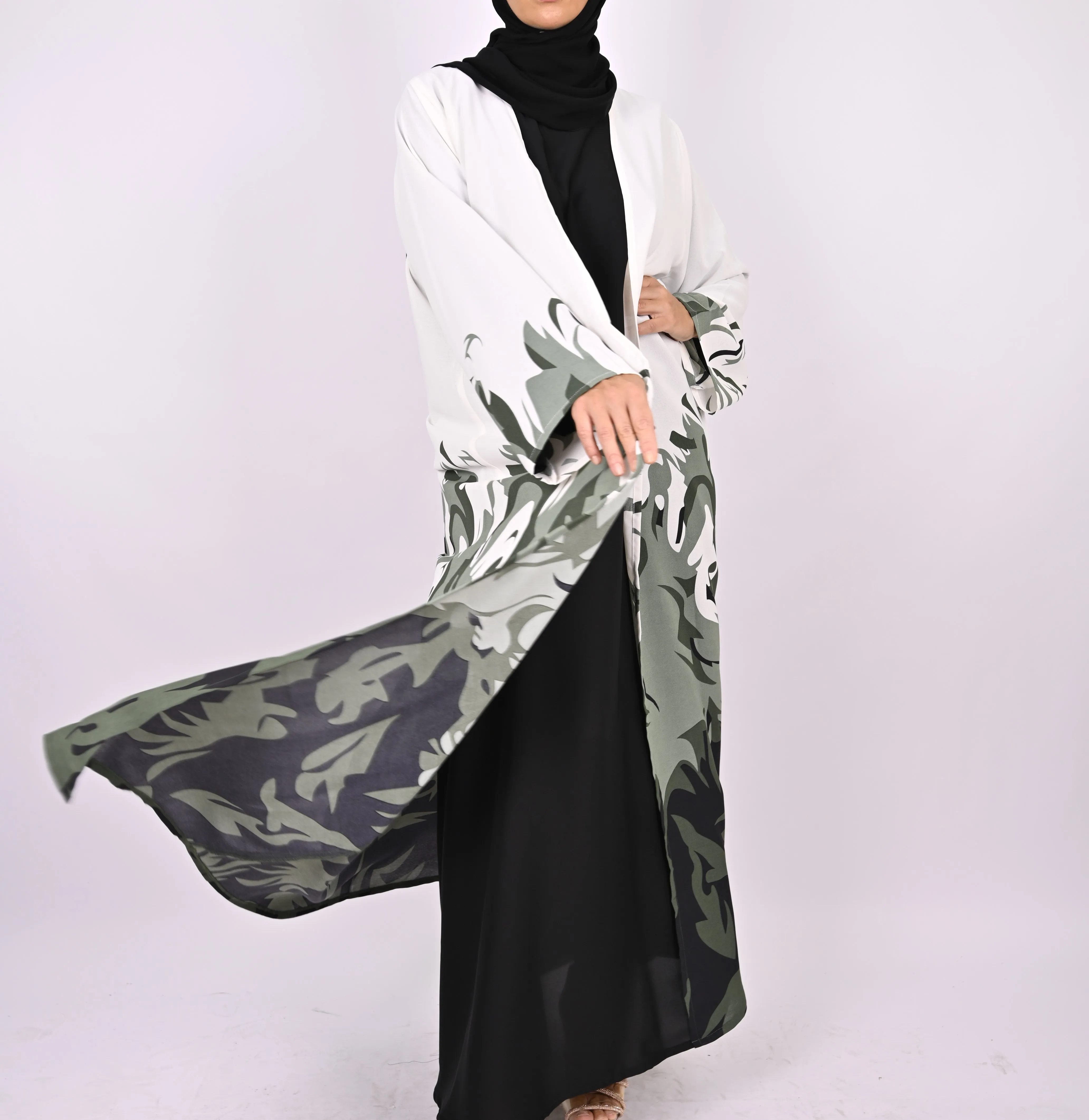 Printed Floral Kimono Abaya Set - Green/White