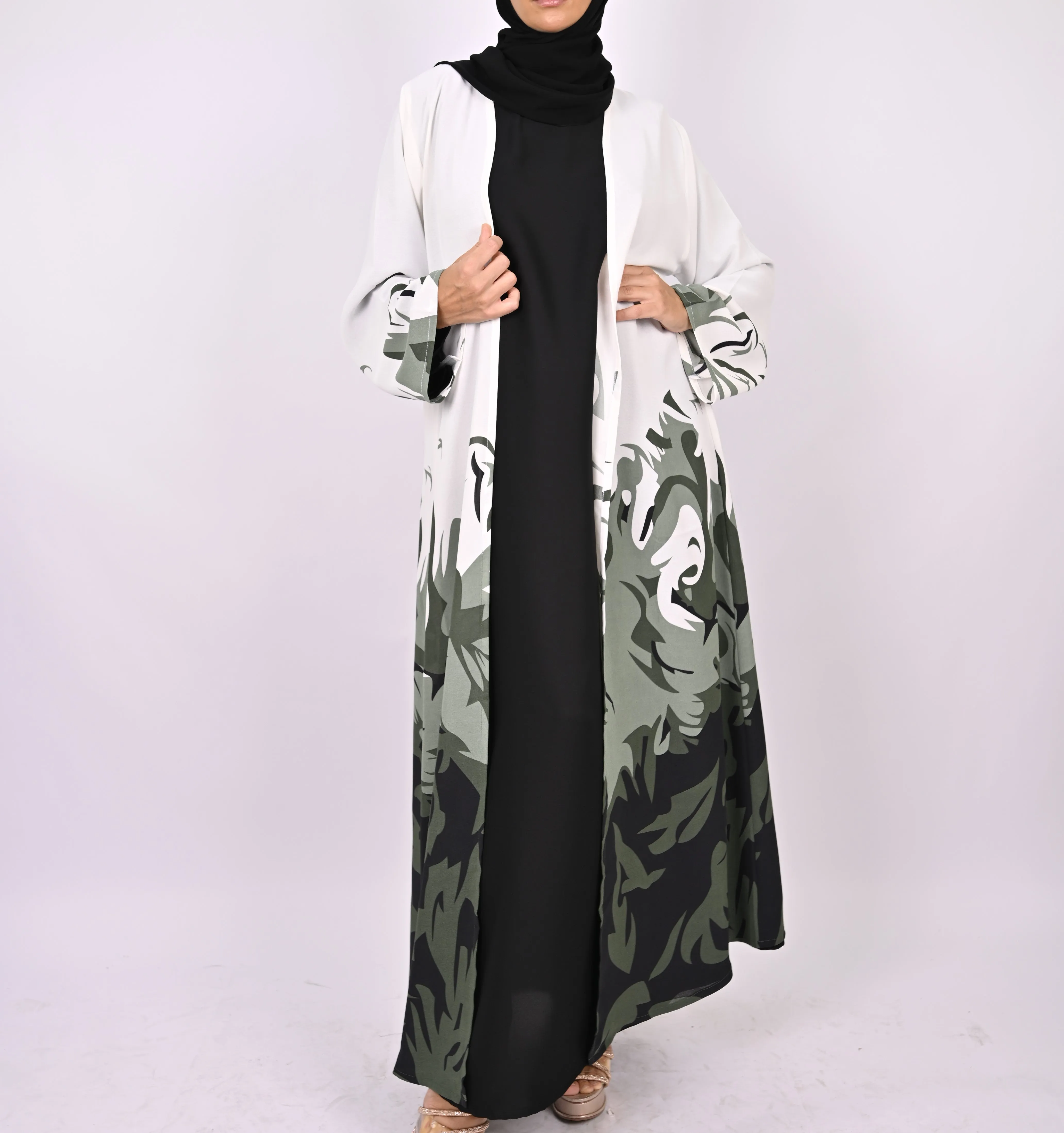 Printed Floral Kimono Abaya Set - Green/White