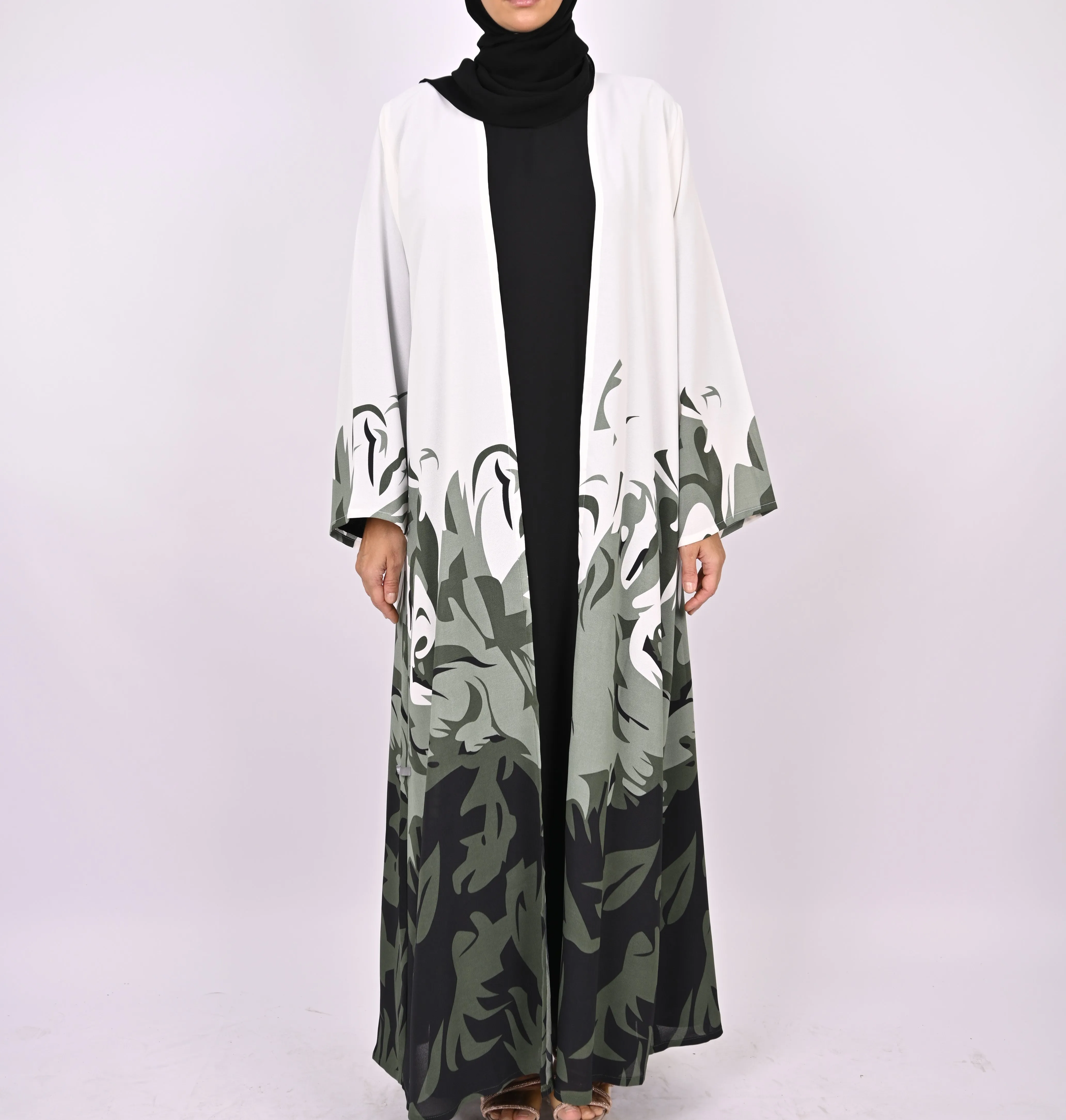 Printed Floral Kimono Abaya Set - Green/White