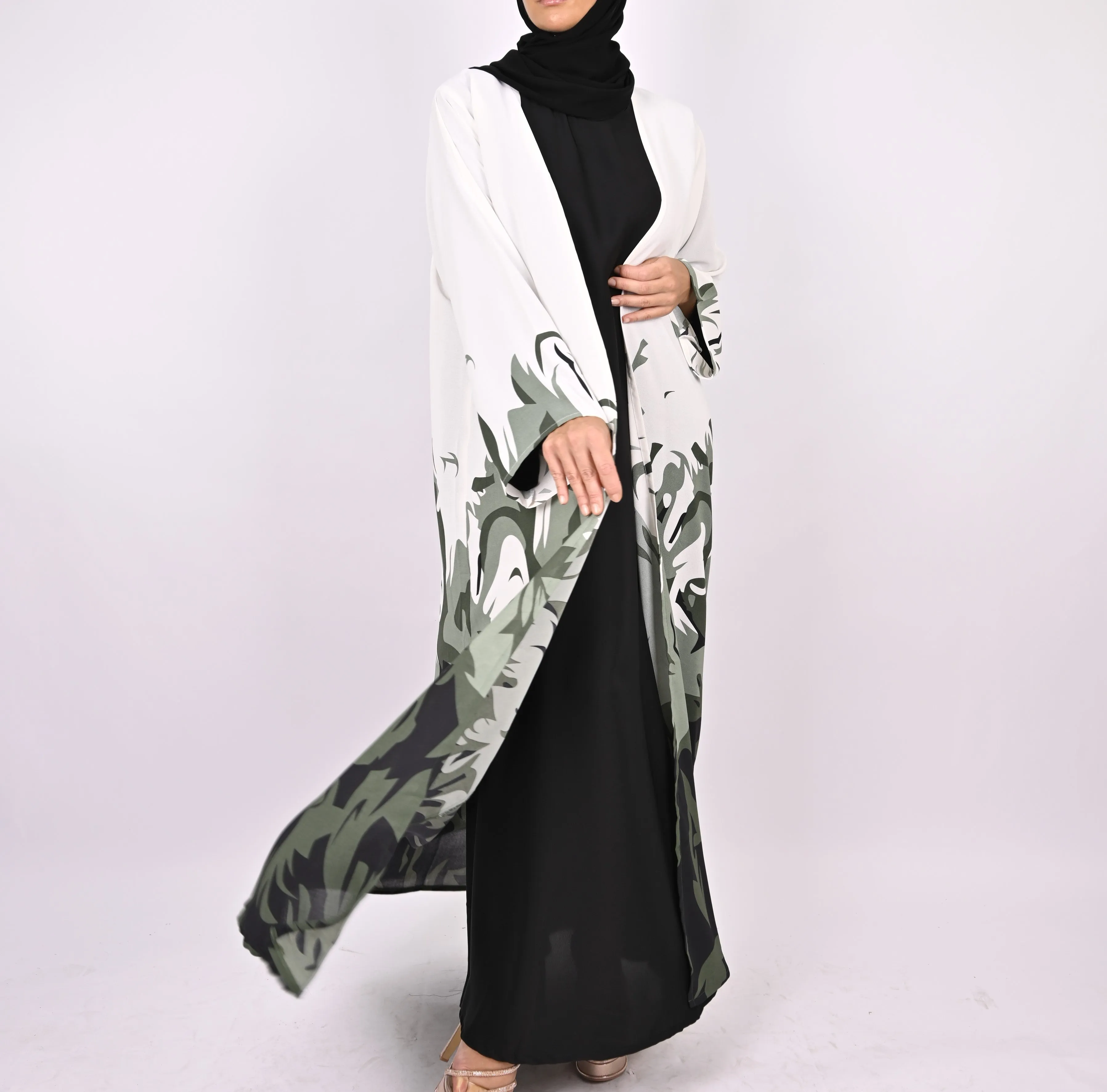 Printed Floral Kimono Abaya Set - Green/White