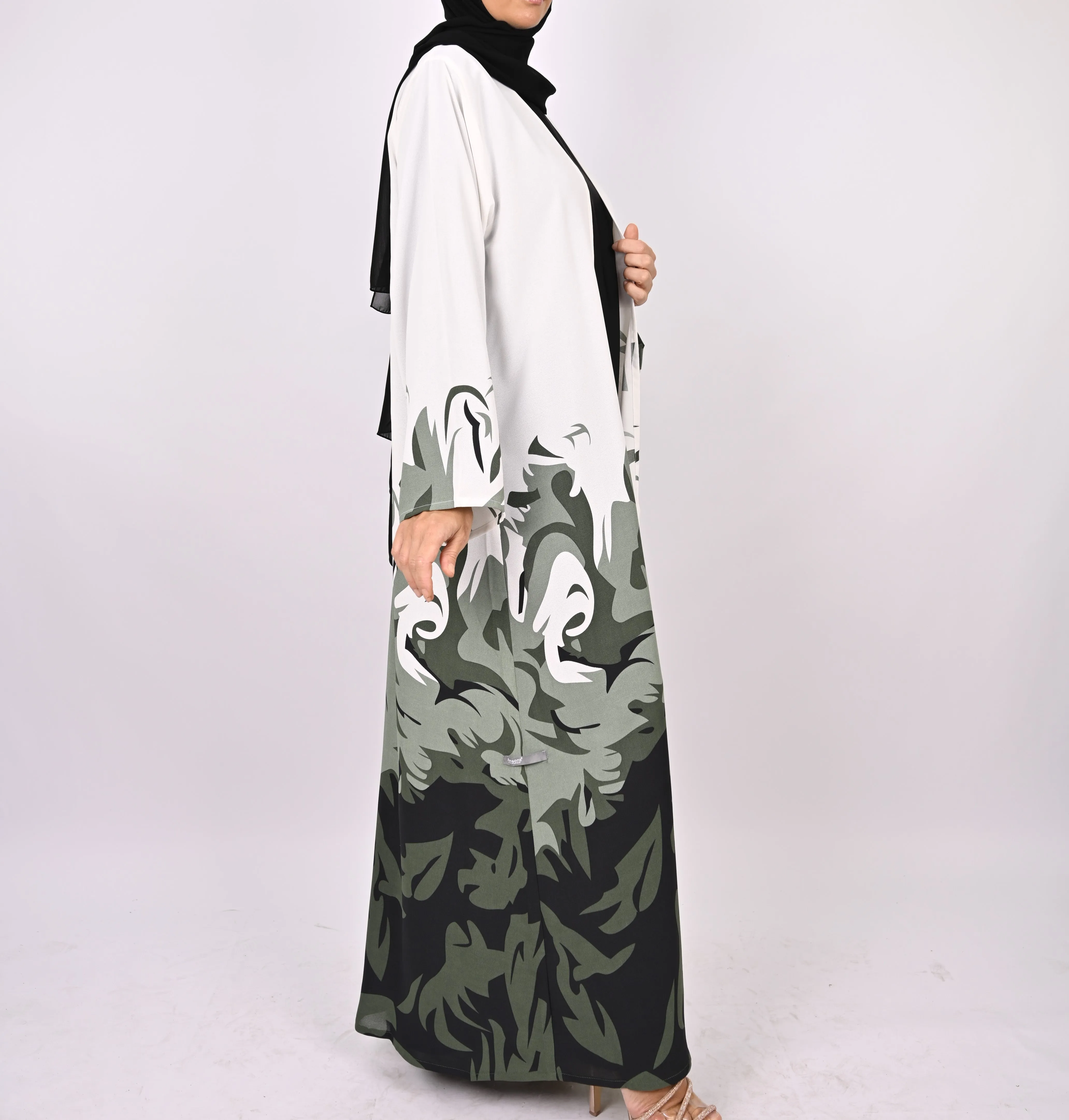 Printed Floral Kimono Abaya Set - Green/White