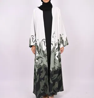 Printed Floral Kimono Abaya Set - Green/White