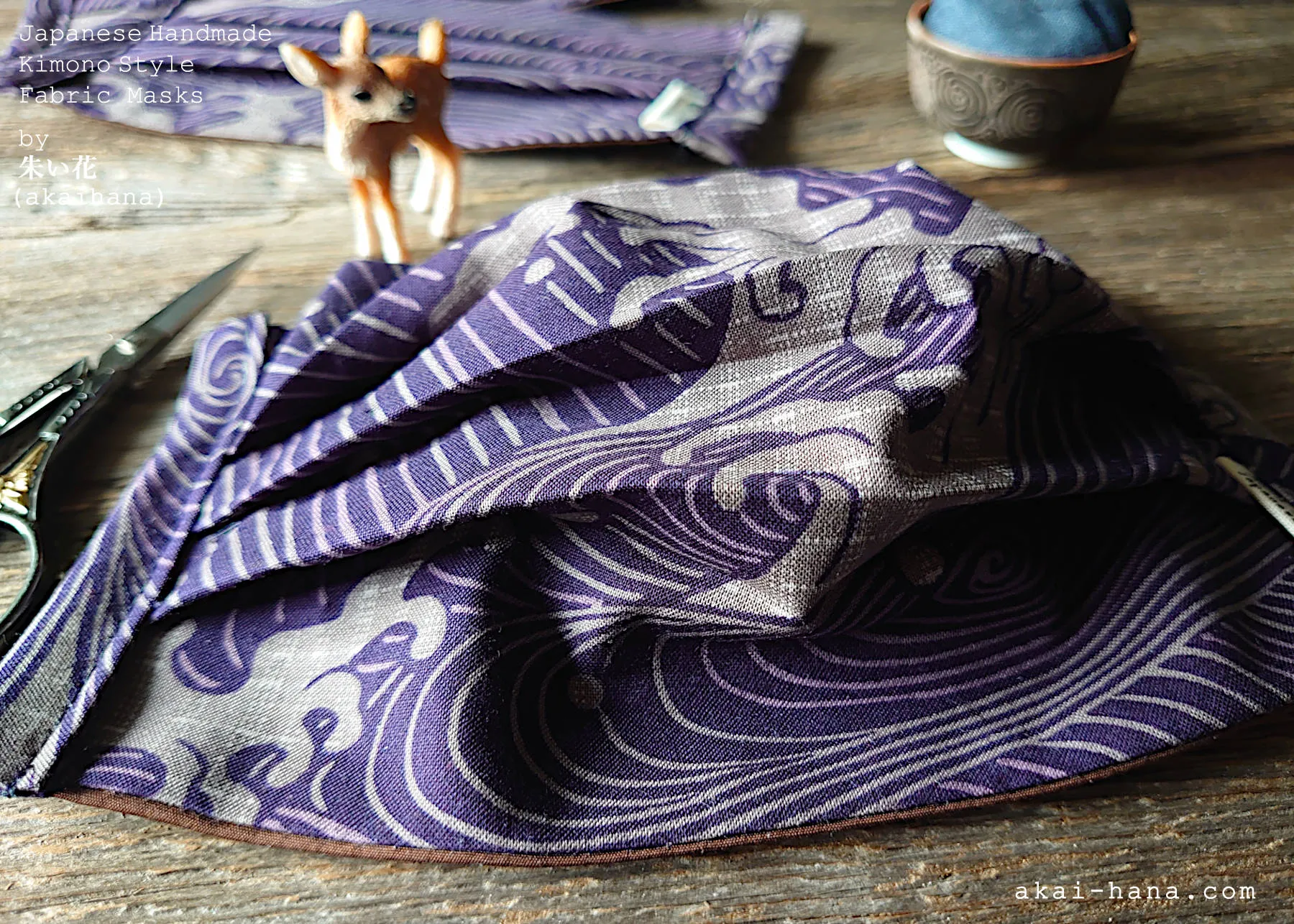 Purple Waves, Japanese Handmade Kimono Style Mask with filter pocket & nose wire, comes with 1 Free Filter Insert