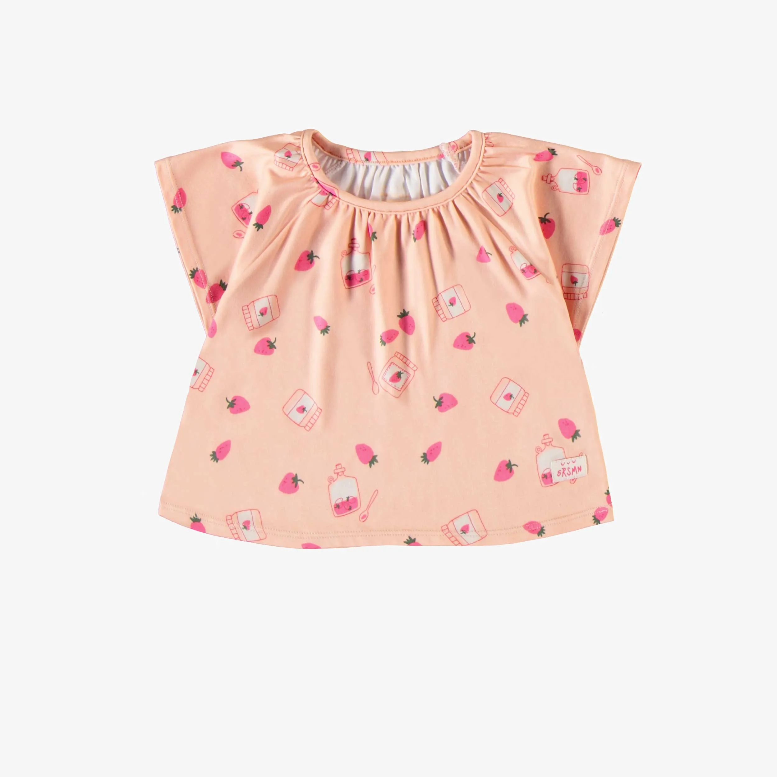 Pyjama deux pièces pêche avec motif de fraises et confitures en doux polyester, bébé || Two-piece peach pyjamas with strawberry and jam all over print in soft polyester, baby