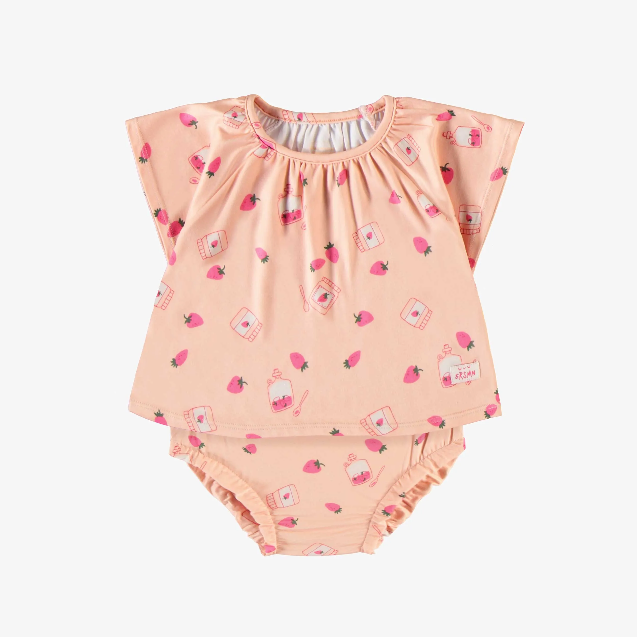 Pyjama deux pièces pêche avec motif de fraises et confitures en doux polyester, bébé || Two-piece peach pyjamas with strawberry and jam all over print in soft polyester, baby
