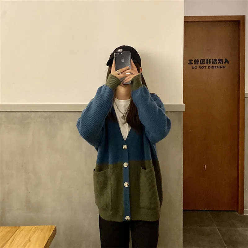 "BLUE GREEN COLORBLOCK" SWEATER CARDIGAN N092902