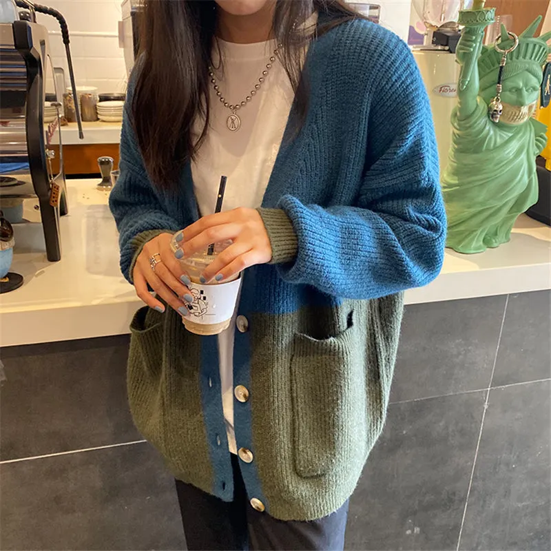 "BLUE GREEN COLORBLOCK" SWEATER CARDIGAN N092902