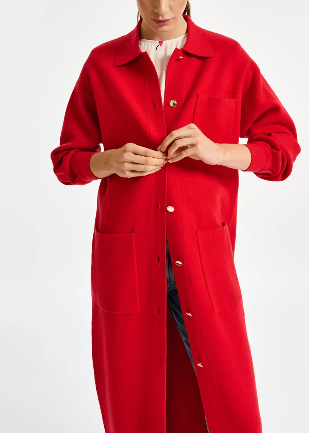 Red belted midi-length knit