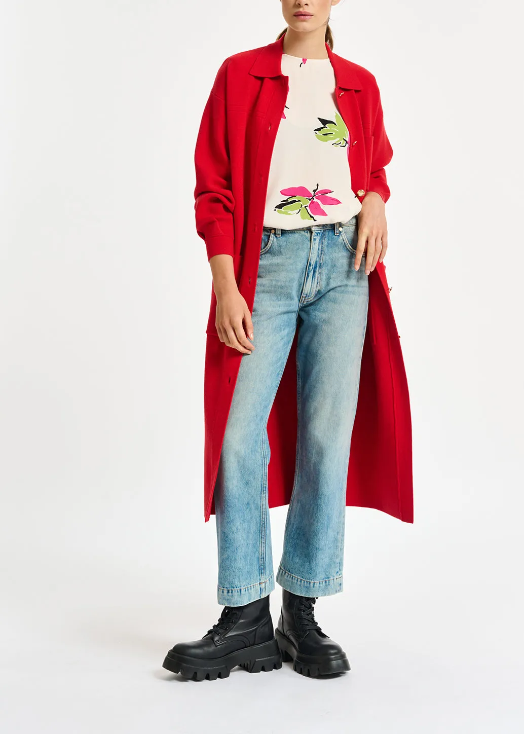 Red belted midi-length knit