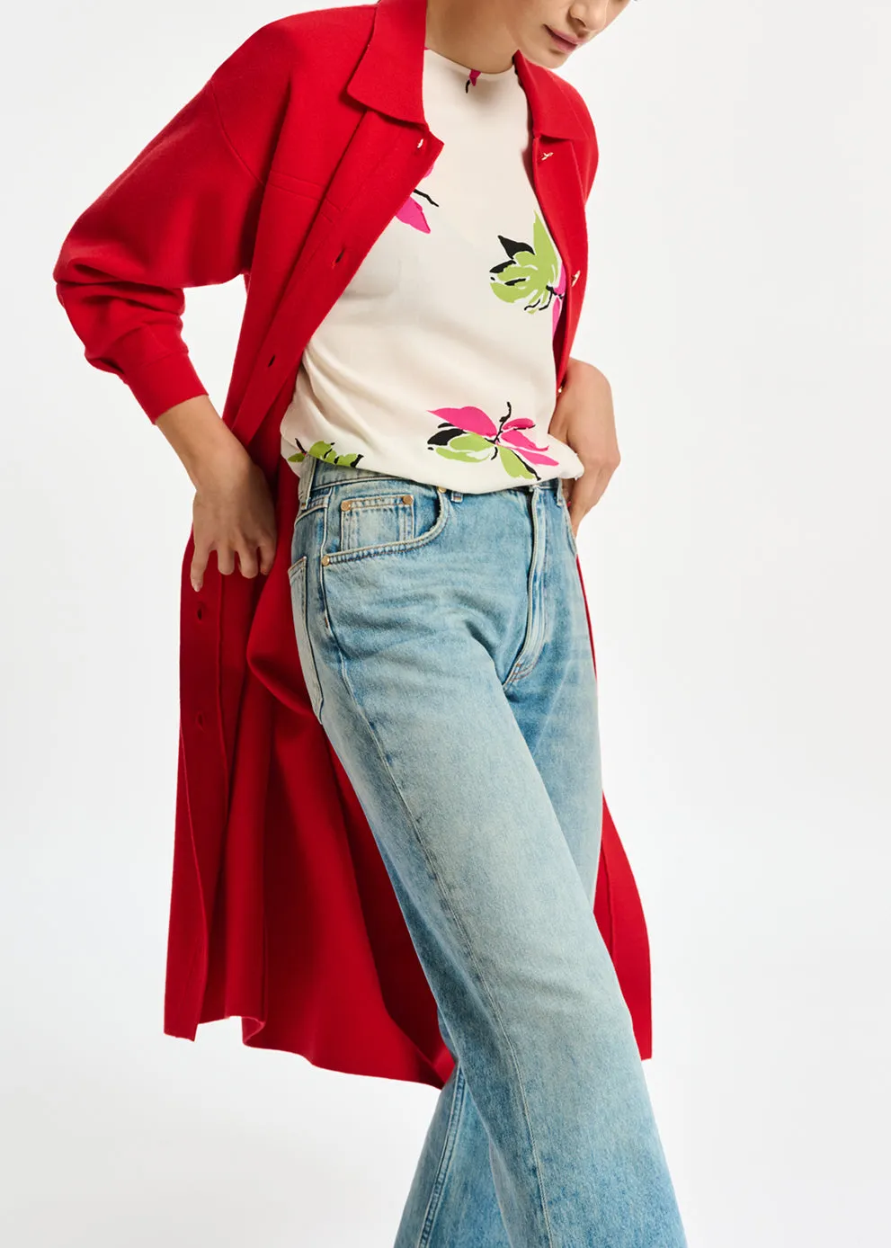 Red belted midi-length knit