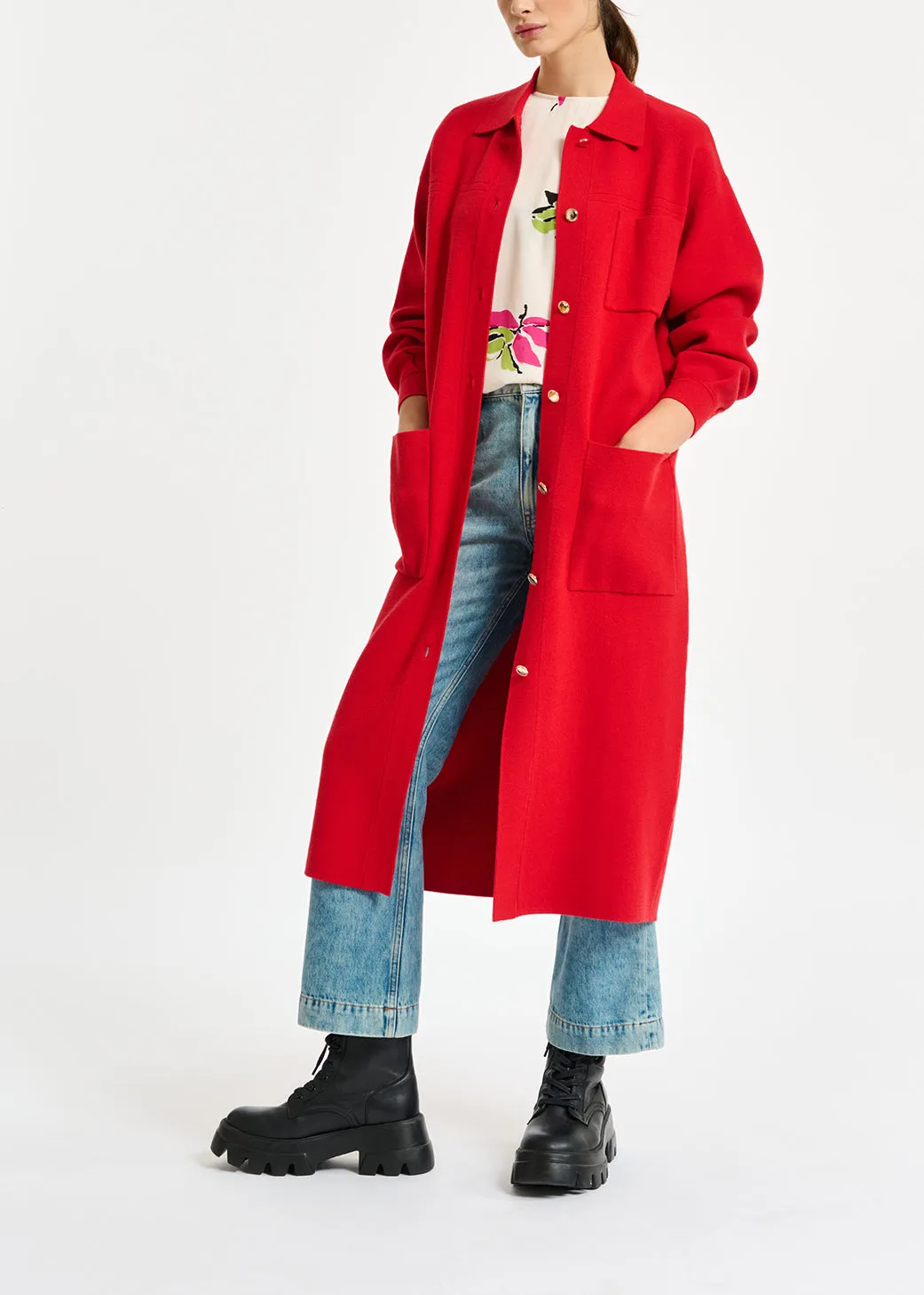 Red belted midi-length knit