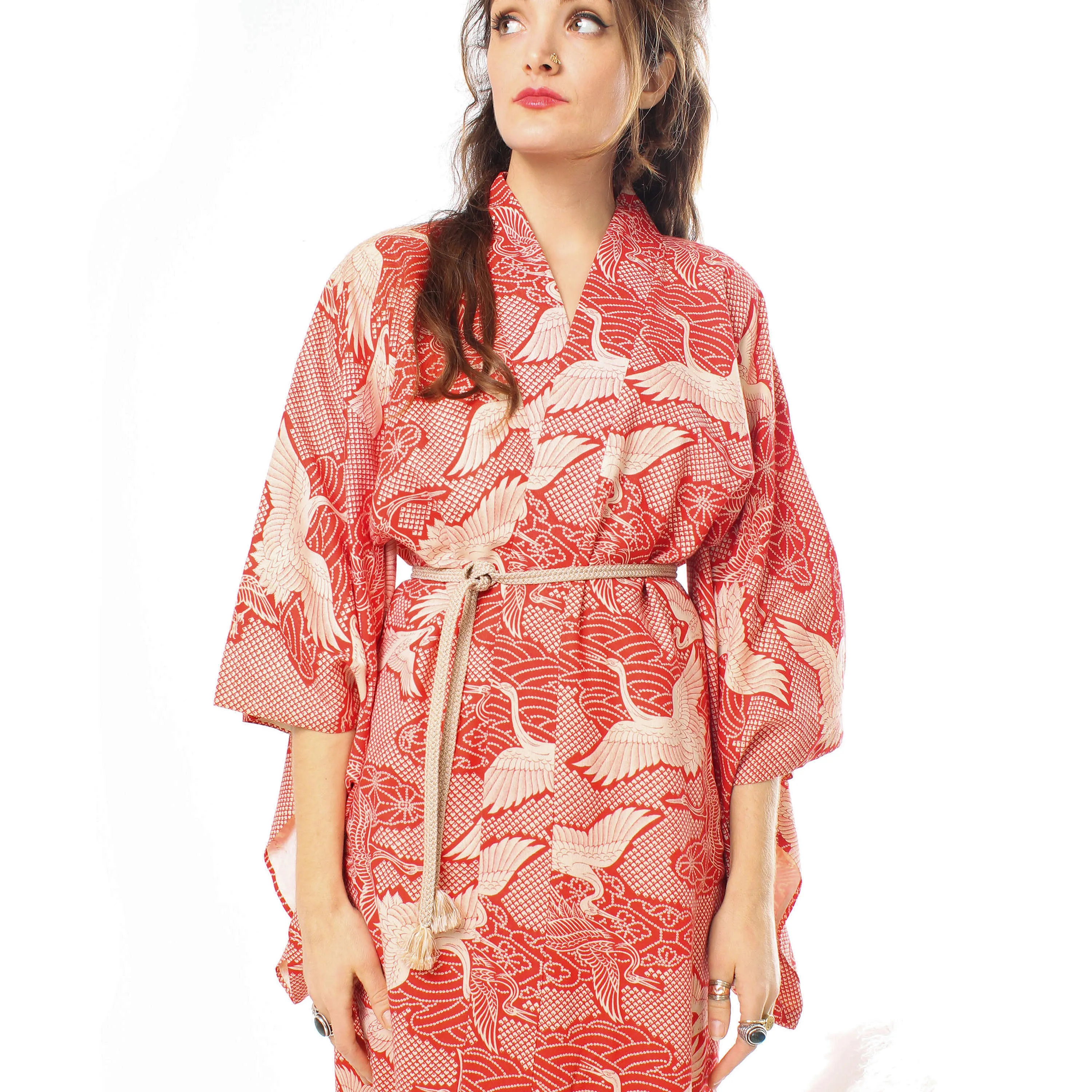 Red Cotton Crane Kimono
