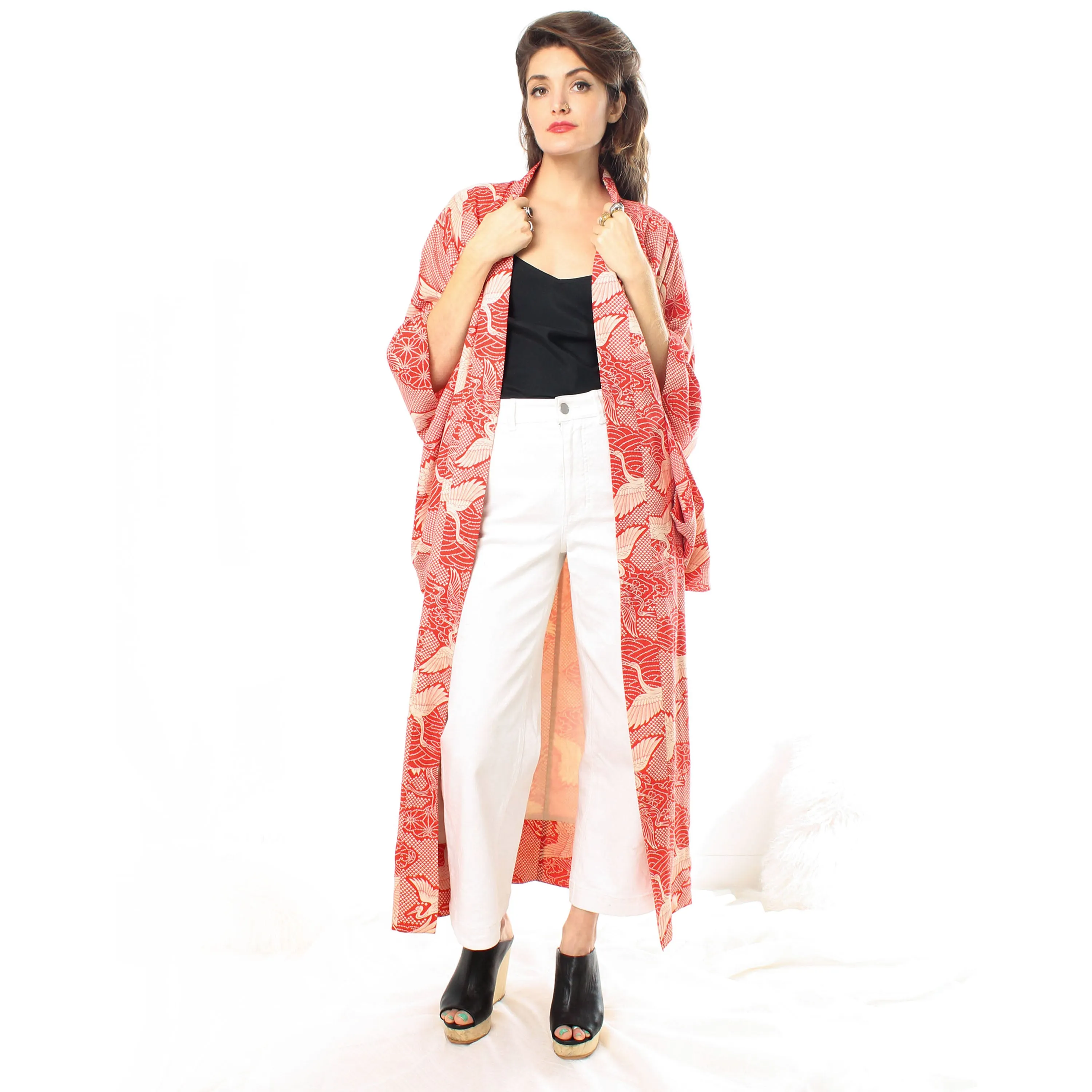 Red Cotton Crane Kimono