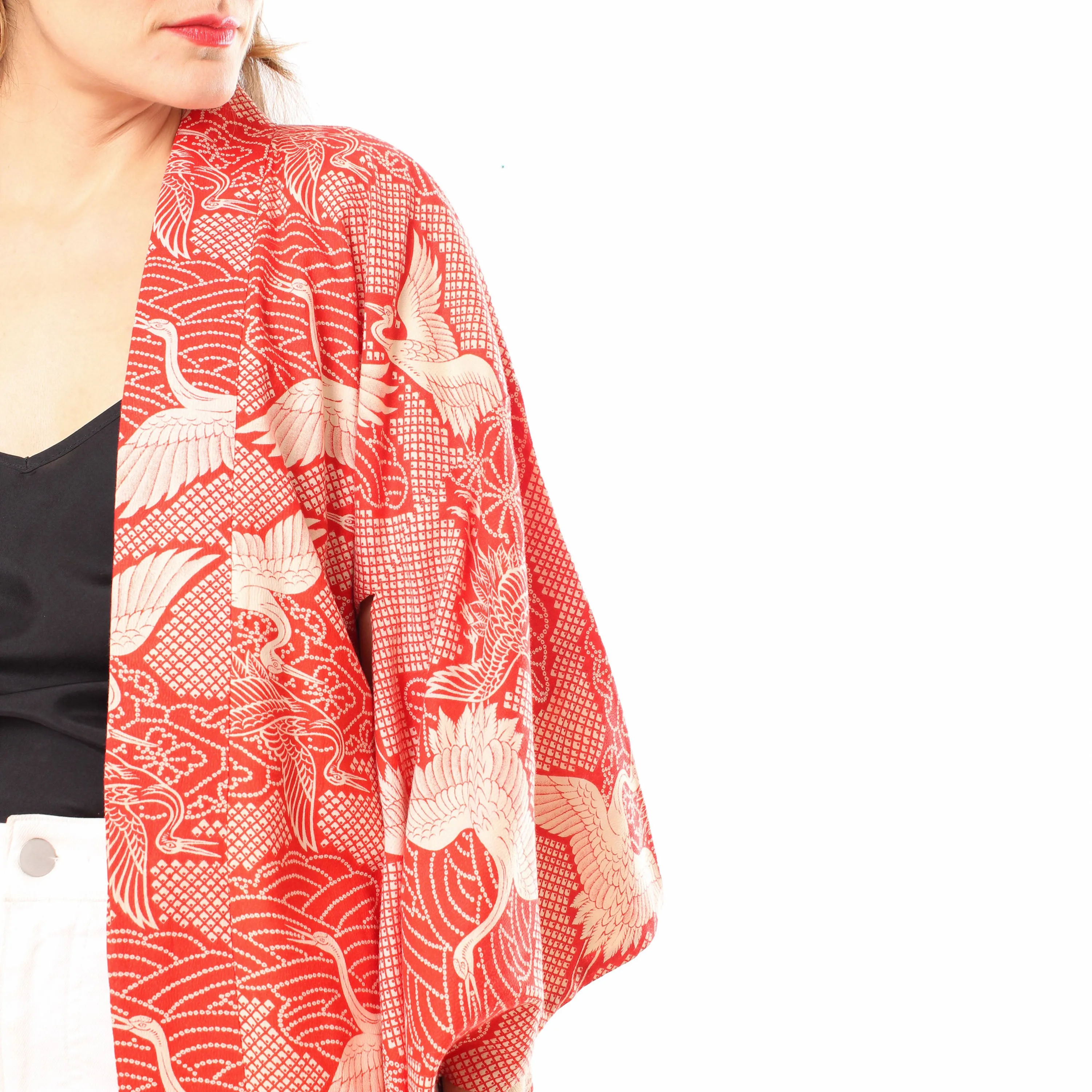 Red Cotton Crane Kimono