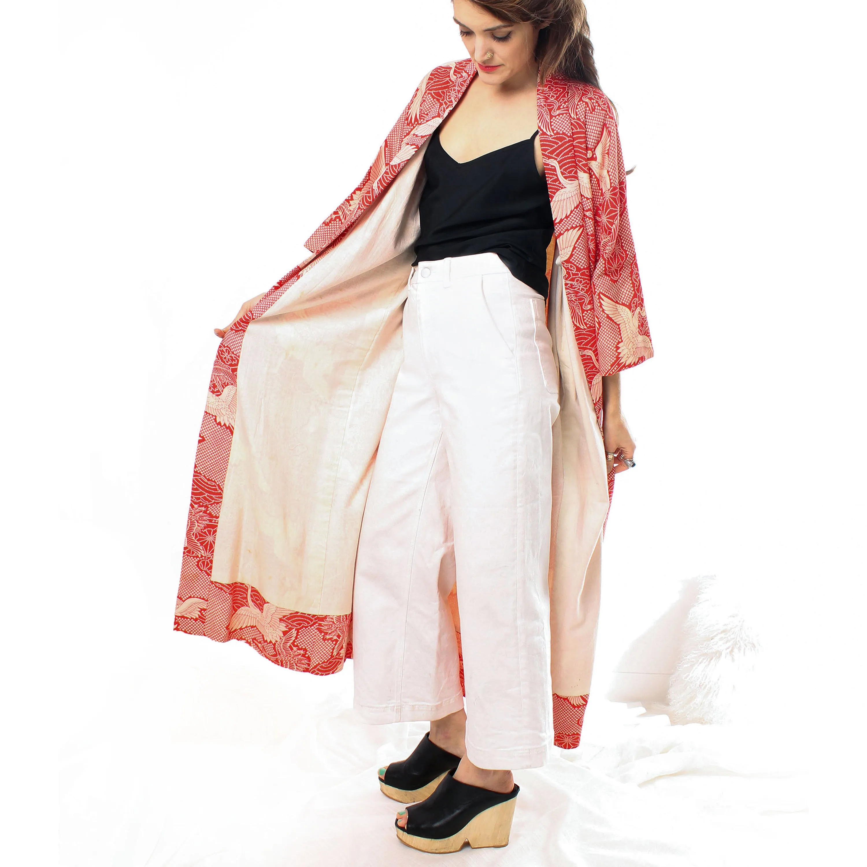 Red Cotton Crane Kimono