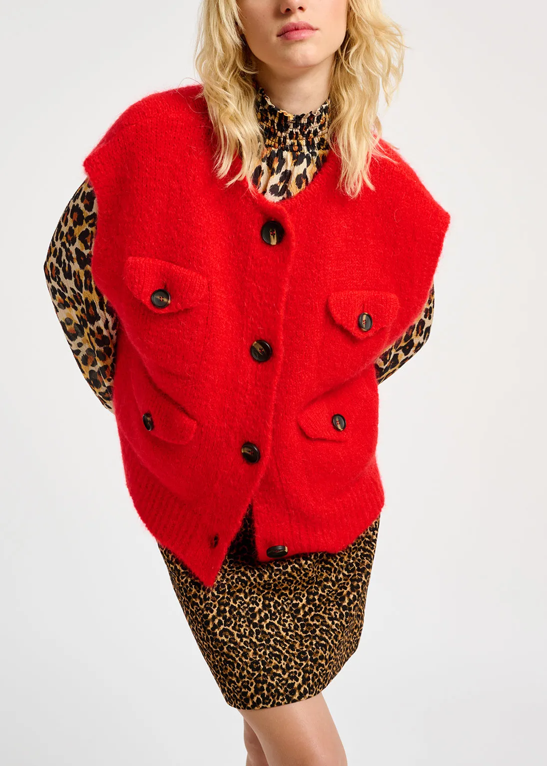 Red sleeveless mohair-blend cardigan