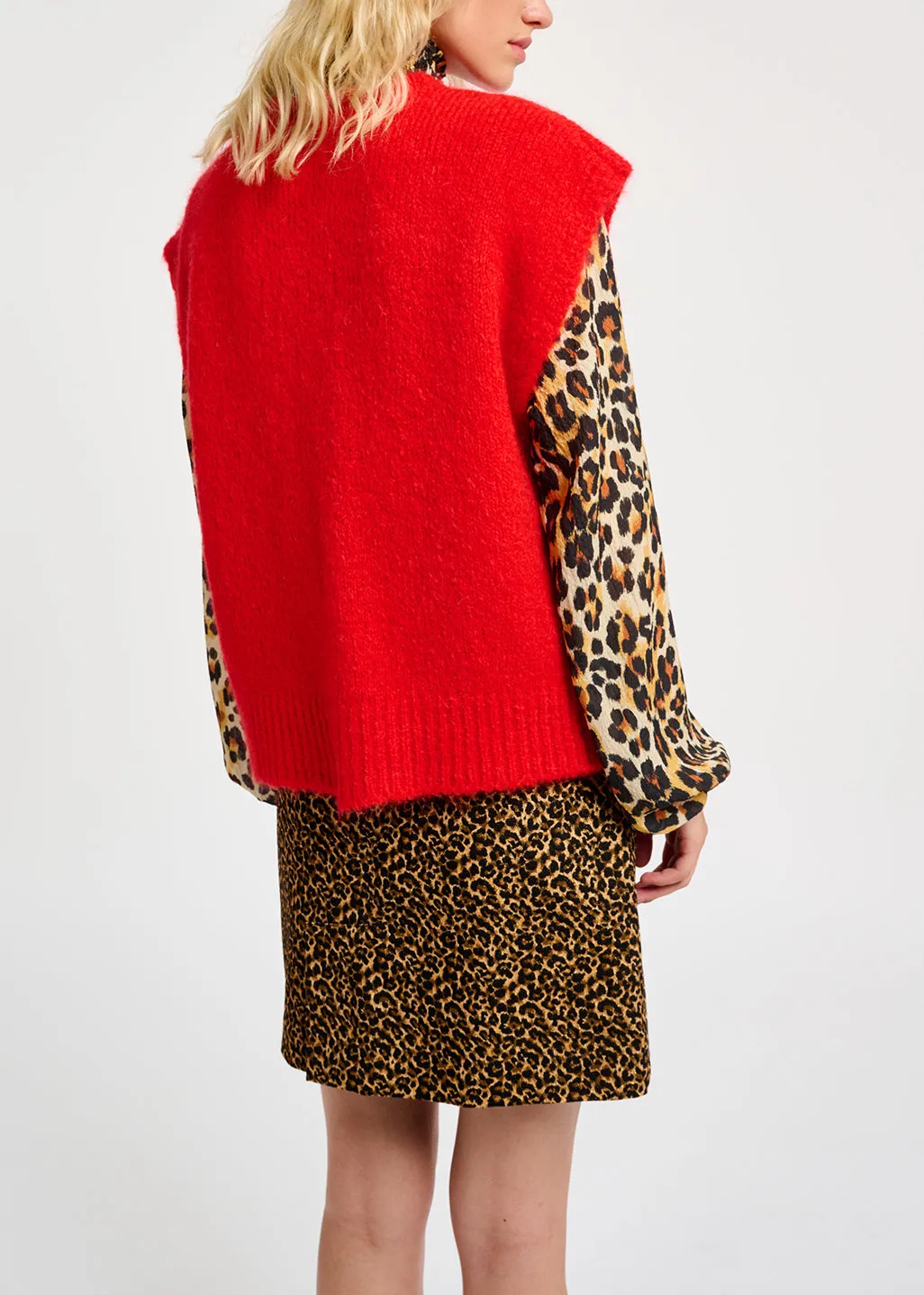 Red sleeveless mohair-blend cardigan