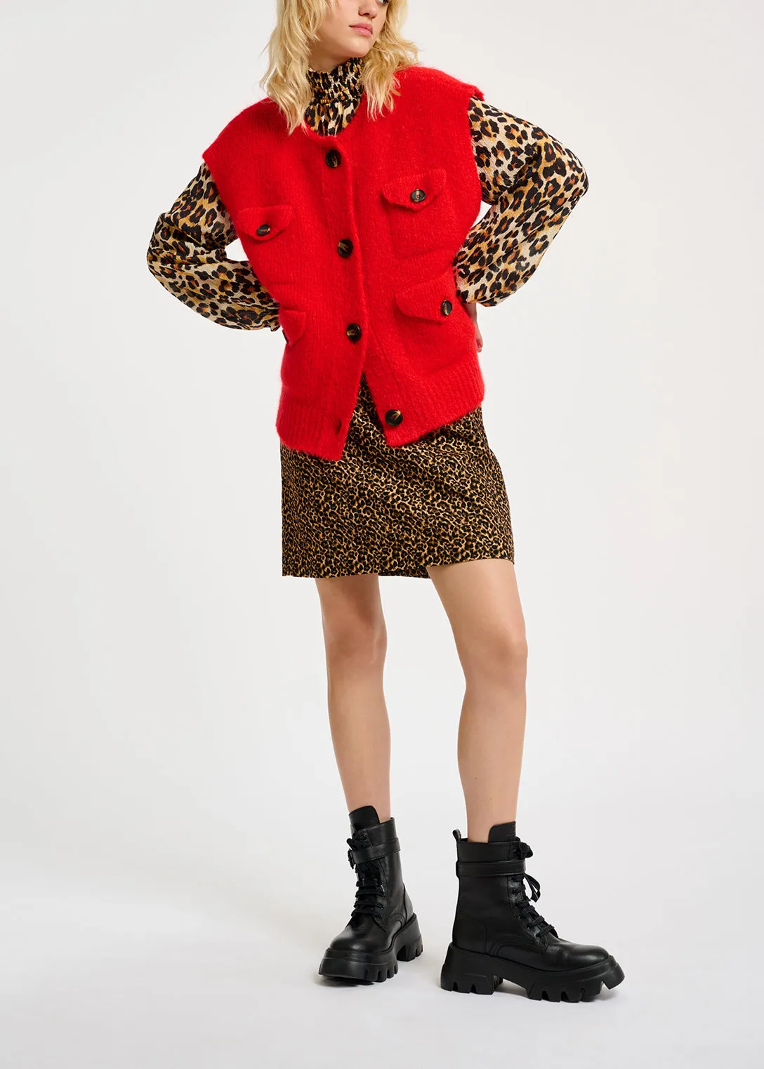 Red sleeveless mohair-blend cardigan