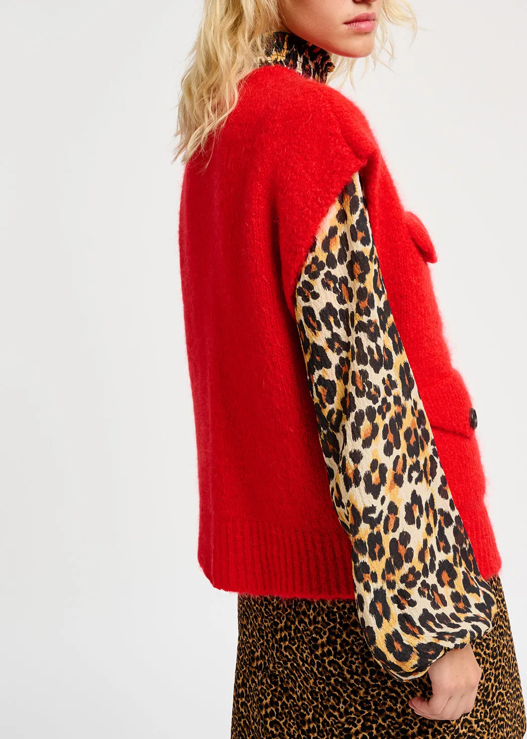 Red sleeveless mohair-blend cardigan