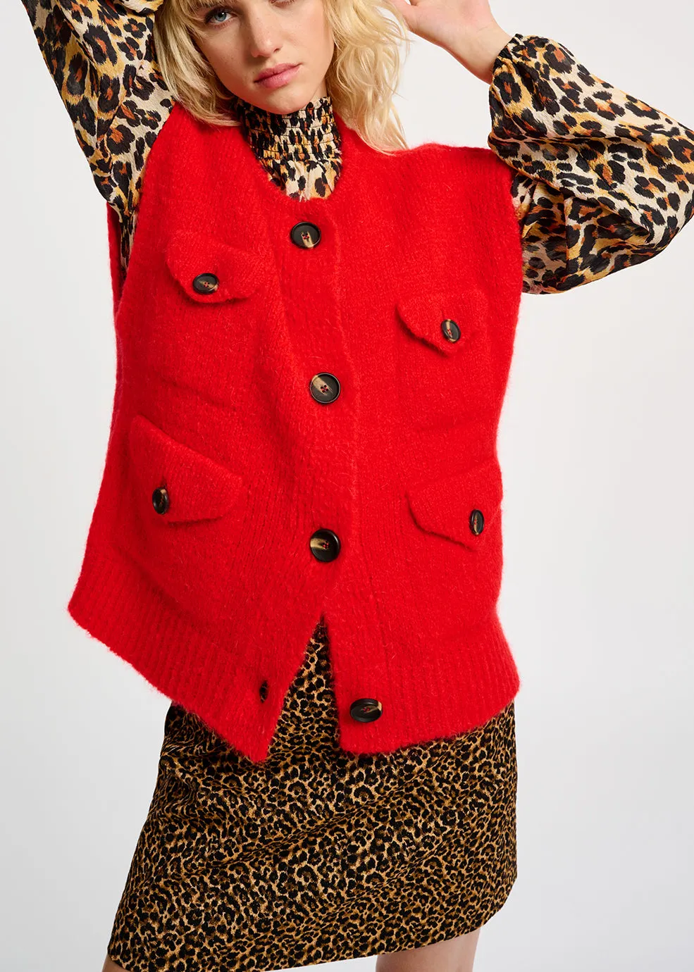 Red sleeveless mohair-blend cardigan