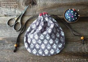 Repurposed Indian Calico Temari Kinchaku (drawstring) Purse, Light Gray x White, tkvu0001