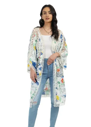 Roffe Floral Print Duster Kimono with Floral Embroidery